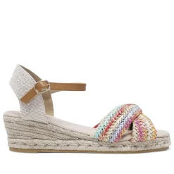 Alpargatas cuña con tiras trenzadas de colores y pulsera al tobillo marrón