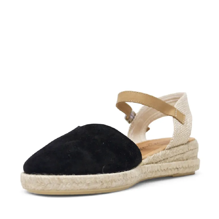 Alpargatas planas Redlove negras de serraje con pulsera marrón y suela de esparto