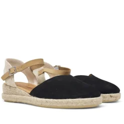 Alpargatas planas Redlove negras de serraje con pulsera marrón y suela de esparto