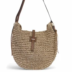 Bolso estilo boho de corte redondeado con detalles marrones