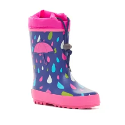 Botas agua azules con gotas y paraguas