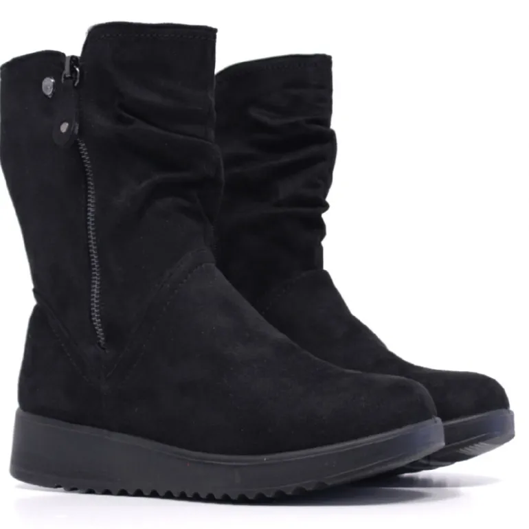 Botas planas Amarpies negras con caña arrugada y cremallera