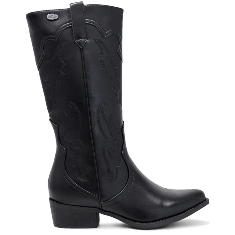 Botas planas estilo cowboy negras con dibujo en pespuntes