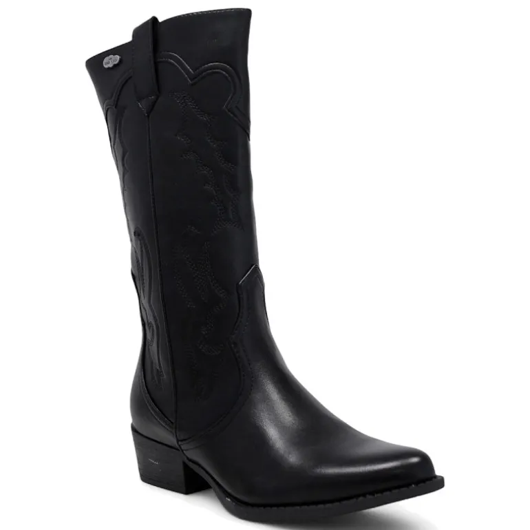 Botas planas estilo cowboy negras con dibujo en pespuntes