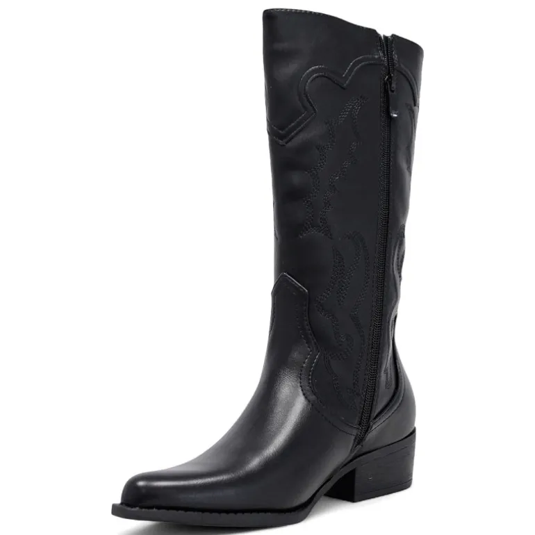 Botas planas estilo cowboy negras con dibujo en pespuntes