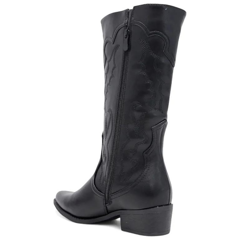 Botas planas estilo cowboy negras con dibujo en pespuntes