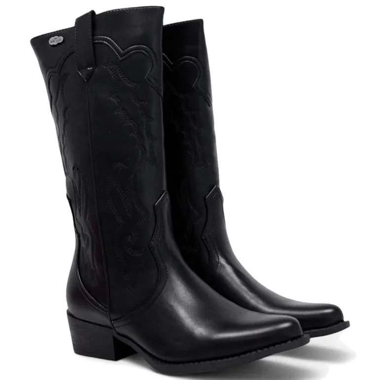 Botas planas estilo cowboy negras con dibujo en pespuntes