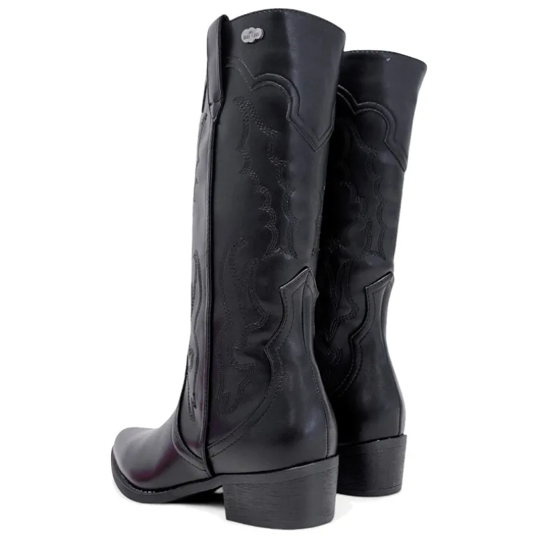 Botas planas estilo cowboy negras con dibujo en pespuntes