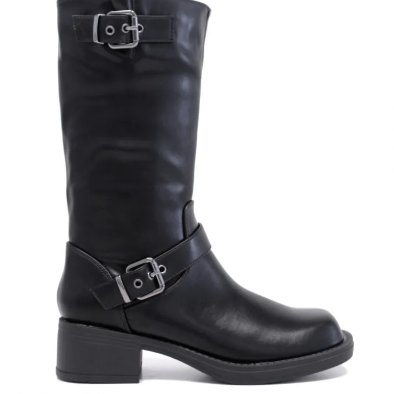 Botas planas negras de piel vegana con dos hebillas