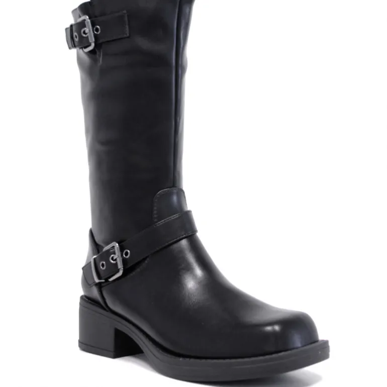 Botas planas negras de piel vegana con dos hebillas
