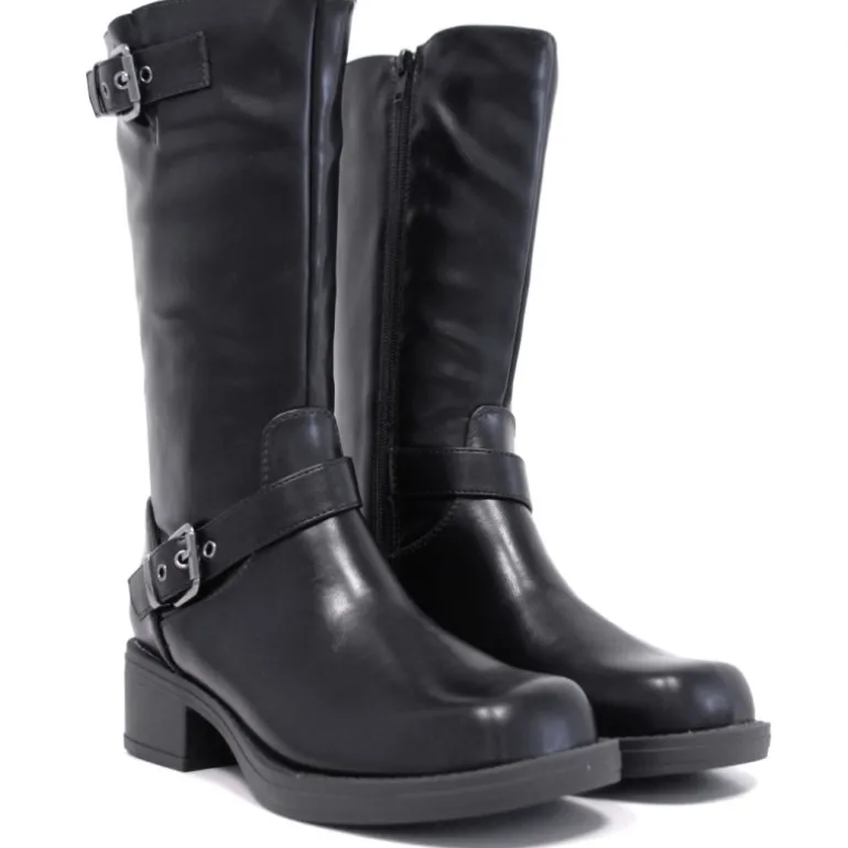 Botas planas negras de piel vegana con dos hebillas
