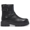 Botines planos negras de piel con doble hebilla y cremallera lateral