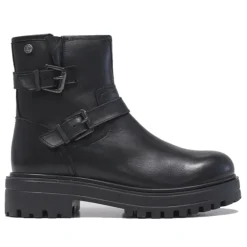 Botines planos negras de piel con doble hebilla y cremallera lateral