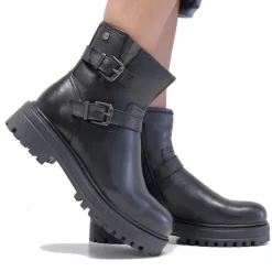 Botines planos negras de piel con doble hebilla y cremallera lateral