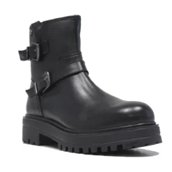 Botines planos negras de piel con doble hebilla y cremallera lateral