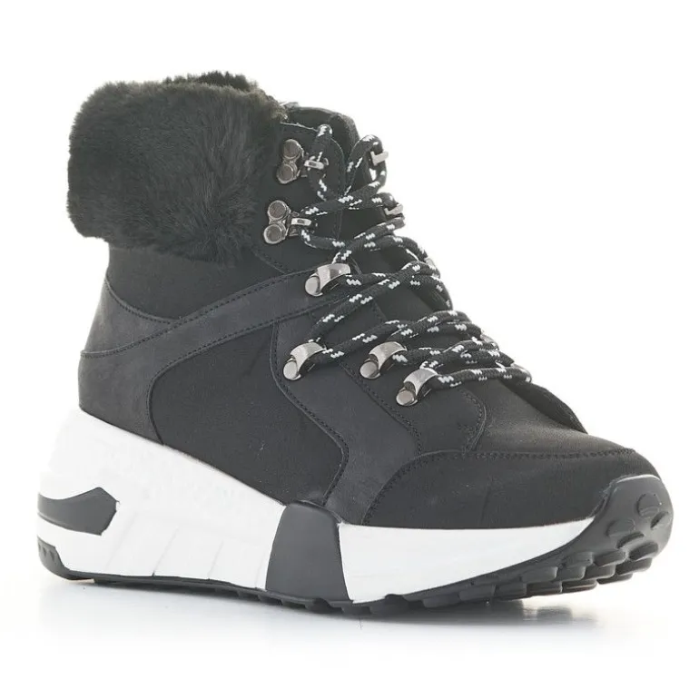 Botines plataforma POP CORN negros de cordones con suela blanca y pelo en el tobillo