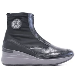 Botines tacón Mysoft negros con cremallera frontal y cuña en color gris