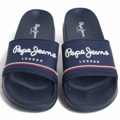 Chanclas Pepe Jeans slider original azules con detalles blancos y rojos