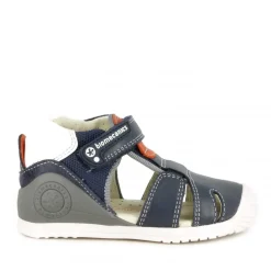 Sandalias abotinadas Biomecanics azul con detalle en naranja cierre con velcro y elástico
