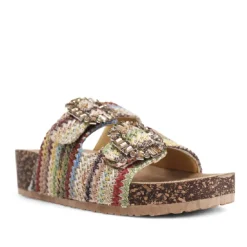 Sandalias cuña con material trenzado de colores, hebilla tipo joya y estilo bio