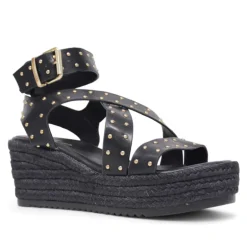 Sandalias cuña Querol con tachuelas y tiras cruzadas, ajustables al tobillo