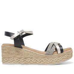 Sandalias cuña Redlove Luna negras con tiras cruzadas negras y de color plata.