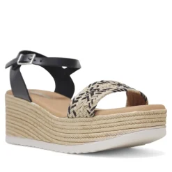 Sandalias cuña Redlove Rafaela negras con banda trenzada frontal y plataforma
