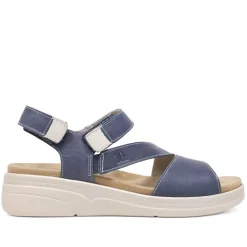 Sandalias cuña Treintas azules de piel con tira cruzada en el empeine y cierre de velcro