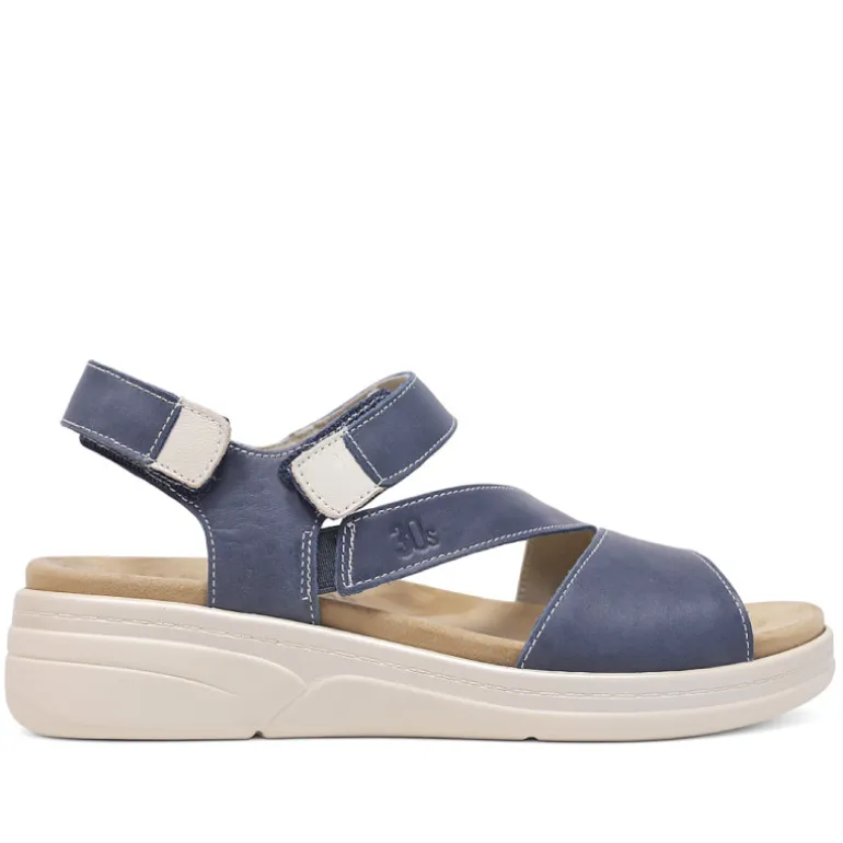 Sandalias cuña Treintas azules de piel con tira cruzada en el empeine y cierre de velcro