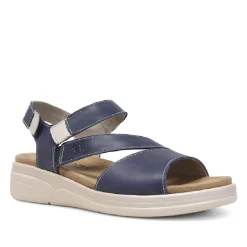 Sandalias cuña Treintas azules de piel con tira cruzada en el empeine y cierre de velcro