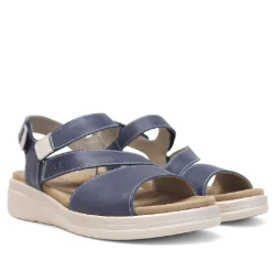 Sandalias cuña Treintas azules de piel con tira cruzada en el empeine y cierre de velcro