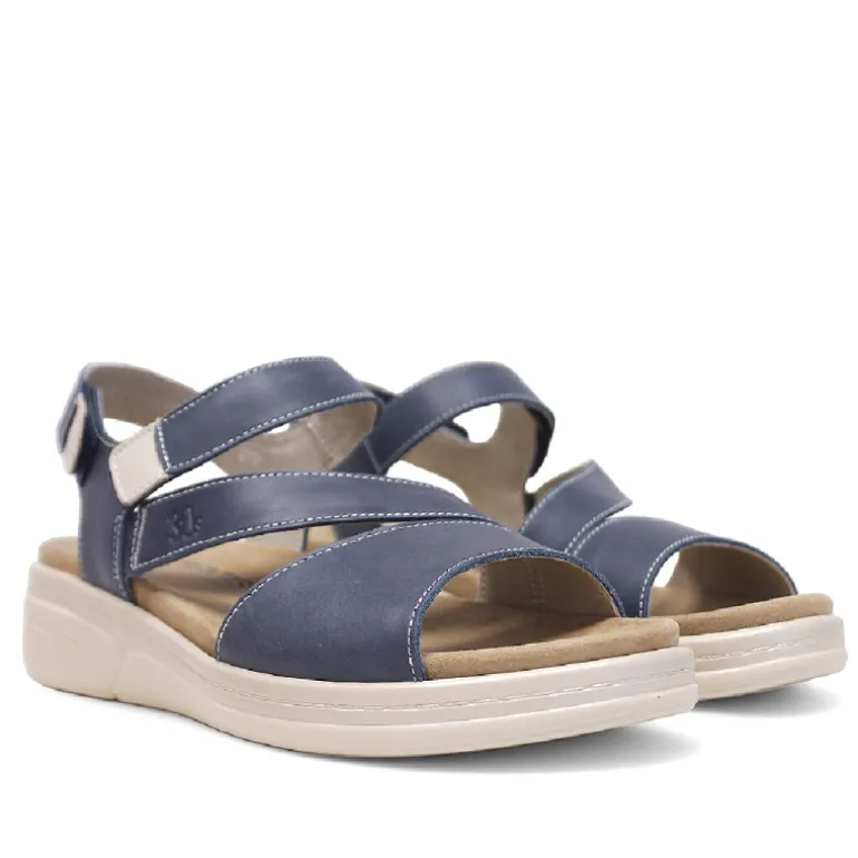 Sandalias cuña Treintas azules de piel con tira cruzada en el empeine y cierre de velcro