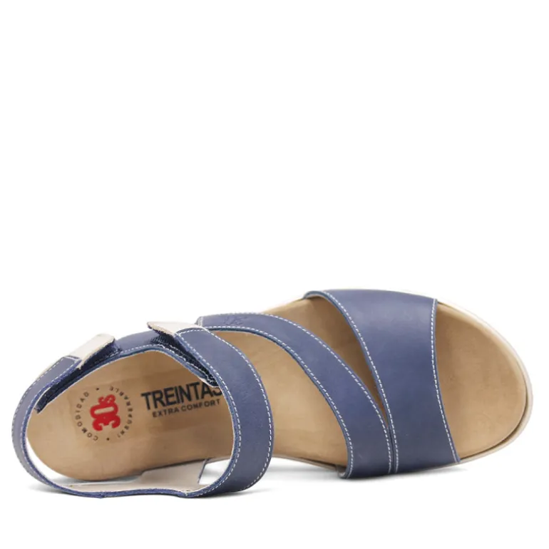 Sandalias cuña Treintas azules de piel con tira cruzada en el empeine y cierre de velcro
