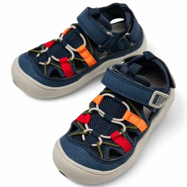 sandalias Gioseppo dunbarton azules con detalles rojos y naranjas respetuosas