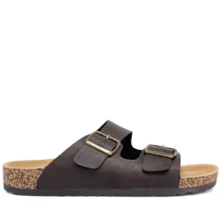 Sandalias marrones estilo bio con doble hebilla dorada y suela efecto corcho