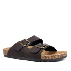 Sandalias marrones estilo bio con doble hebilla dorada y suela efecto corcho