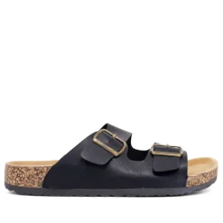Sandalias negras estilo bio con doble hebilla dorada y suela efecto corcho