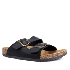 Sandalias negras estilo bio con doble hebilla dorada y suela efecto corcho
