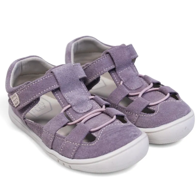 sandalias Pirufin lilas estilo cangrejera de piel y respetuosas para niña