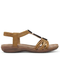 Sandalias planas Amarpies marrones con abalorios de madera y pulsera elástica