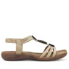 Sandalias planas Amarpies beige con abalorios de madera y pulsera elástica