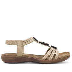 Sandalias planas Amarpies beige con abalorios de madera y pulsera elástica