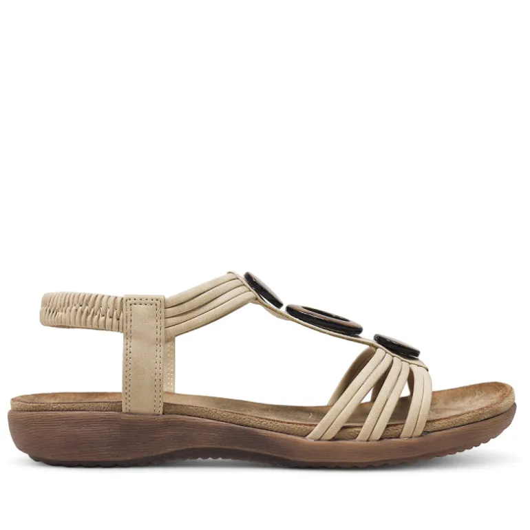 Sandalias planas Amarpies beige con abalorios de madera y pulsera elástica