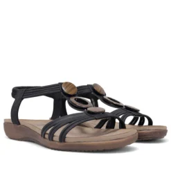 Sandalias planas Amarpies negras con abalorios de madera y pulsera elástica