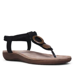 Sandalias planas Amarpies negras de dedo y cogidas al tobillo con detalles de madera