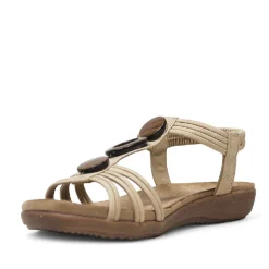 Sandalias planas Amarpies beige con abalorios de madera y pulsera elástica
