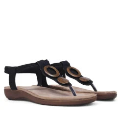 Sandalias planas Amarpies negras de dedo y cogidas al tobillo con detalles de madera