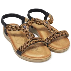 Sandalias planas con abalorios marrones y goma posterior para mujer