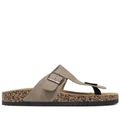 Sandalias planas grises con hebilla ajustable y suela de corcho