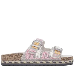 Sandalias planas grises con abalorios y doble tira con hebilla